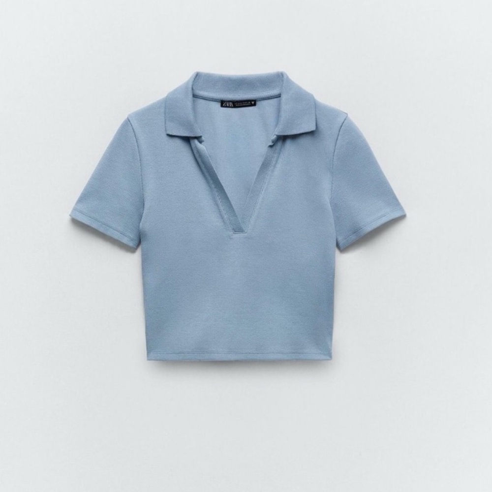 Zara Cropped Polo Top In Baby Blue